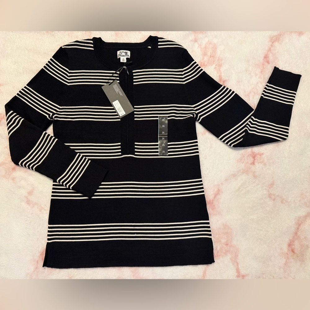 Striped Half-Zip Knit Sweater - Black & White